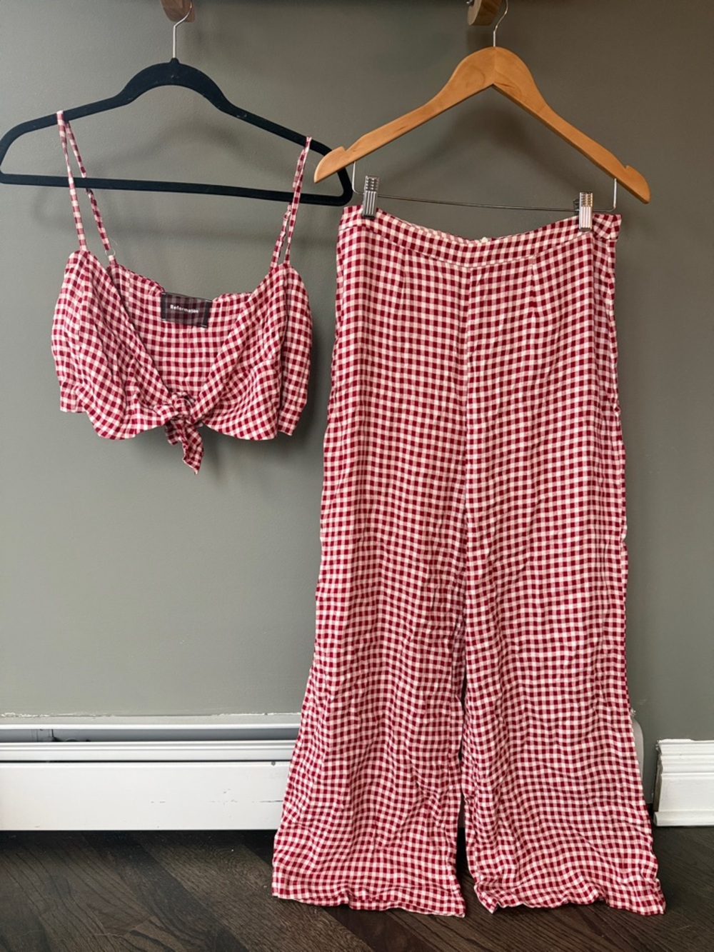 Reformation Red White Gingham Wide-Leg Pants with Matching Tie Crop Top